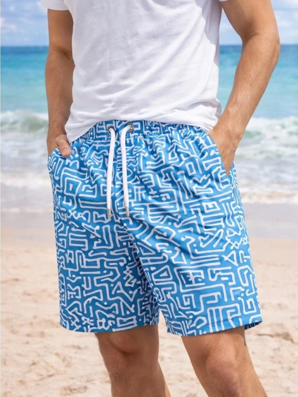 Onia Men’s Charles Tribal Blue White Bathing Suit Swim Shorts Trunks 7” Size M
